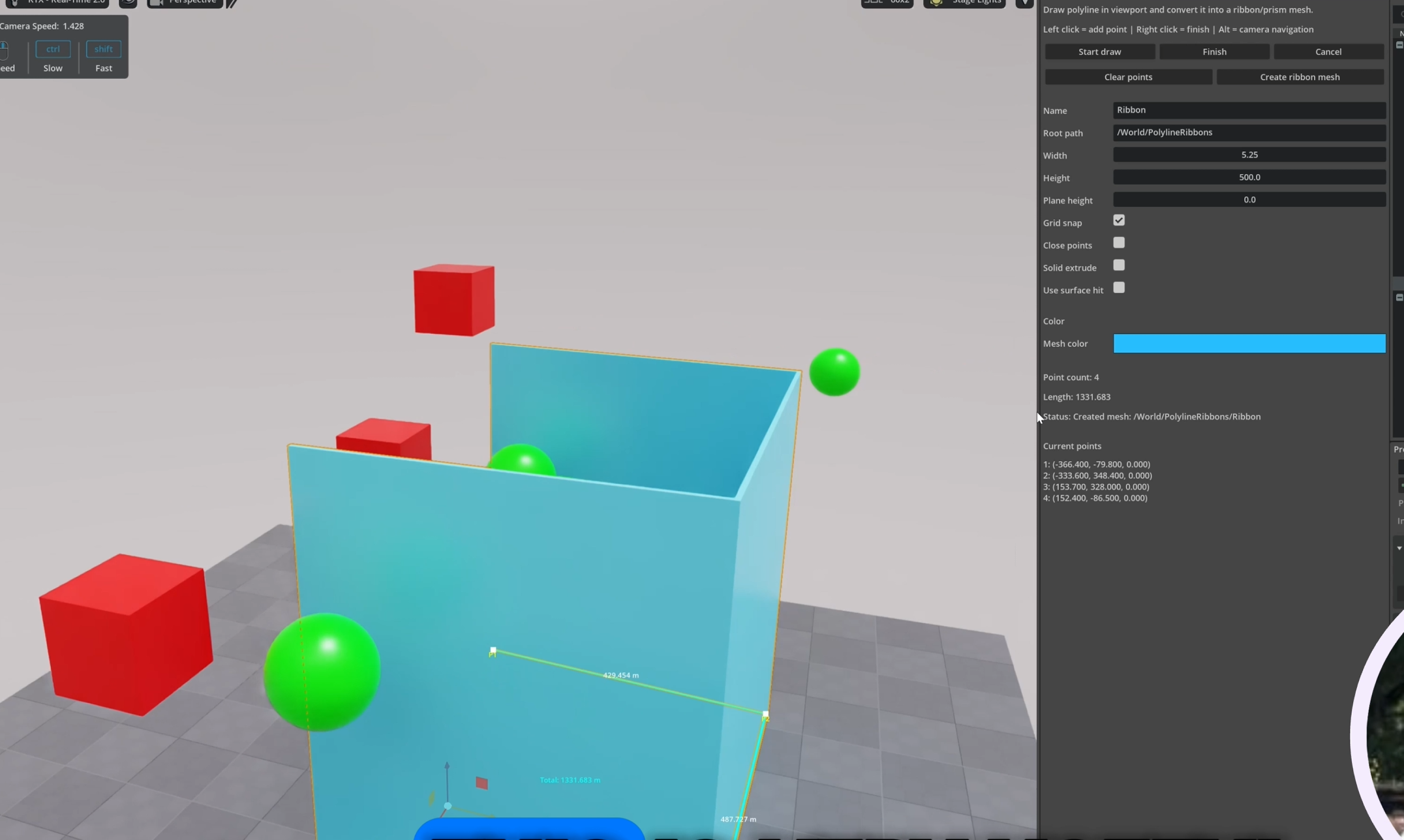 Polyline Ribbon Tool – Screenshot der USD Composer Extension