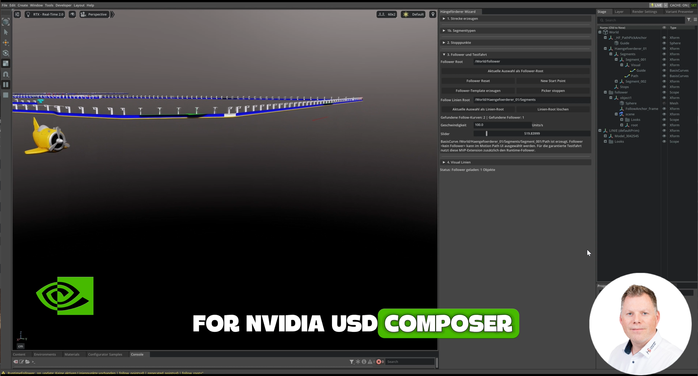 Hängeförderer Wizard – Screenshot der USD Composer Extension