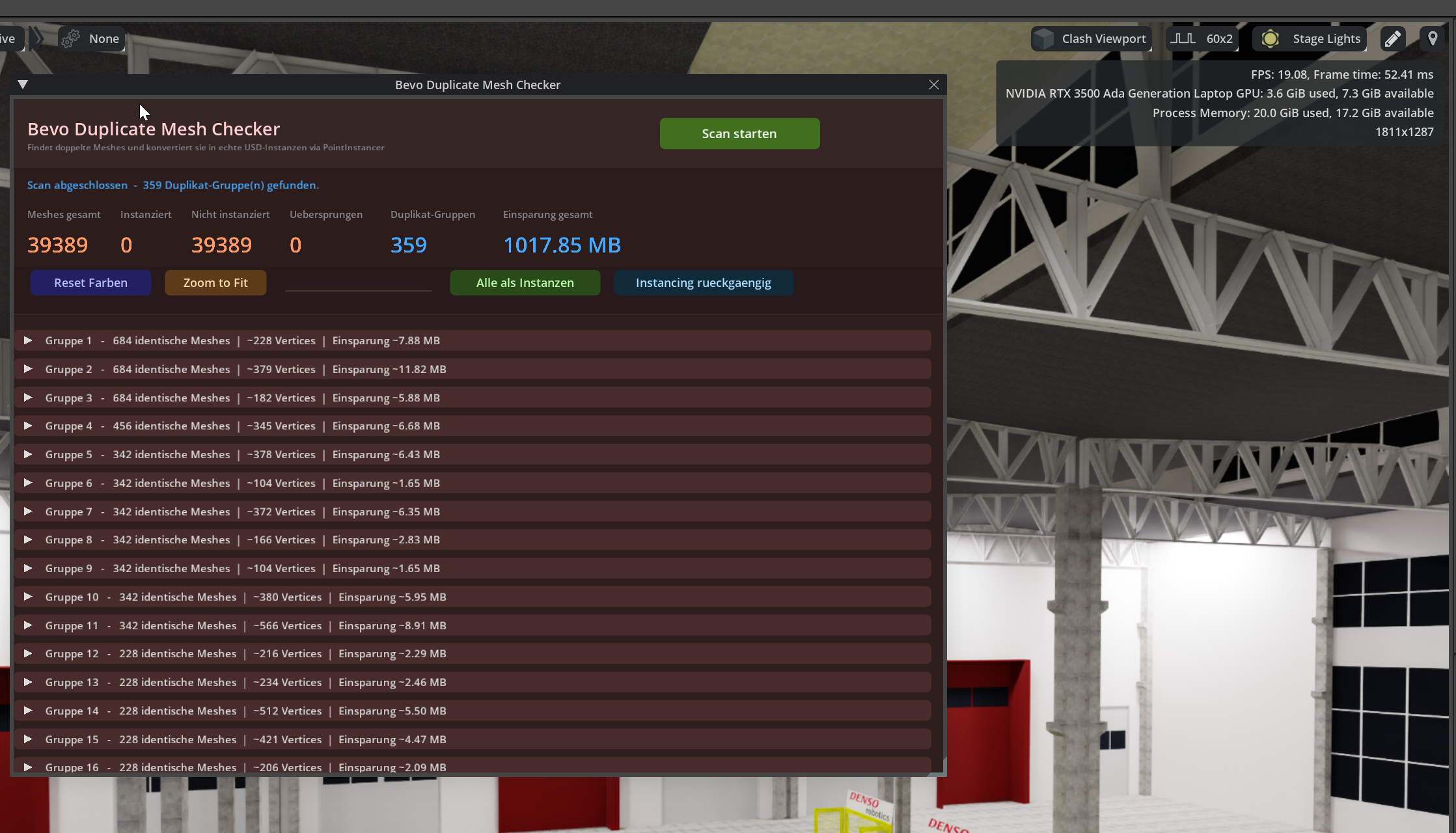 Duplicate Mesh Optimizer – Screenshot der USD Composer Extension