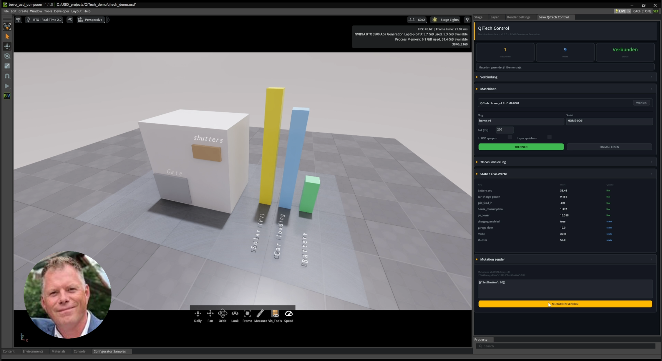 QiTech Control Connection – Screenshot der USD Composer Extension